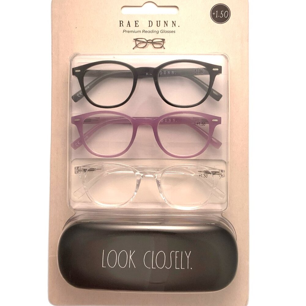 Rae Dunn Premium Reading Glasses Set of 3 With Case +1.50 Black Clear Purple NWT